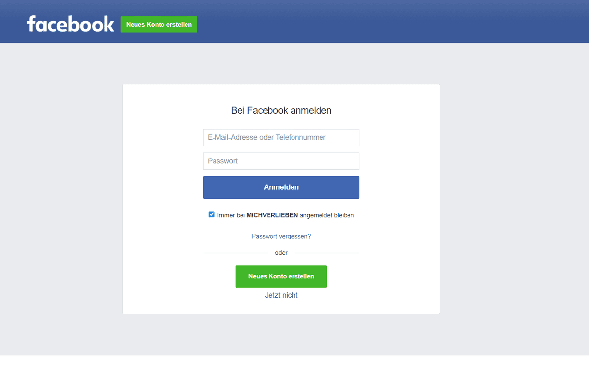 Registrierung mit Facebook auf Michverlieben.com